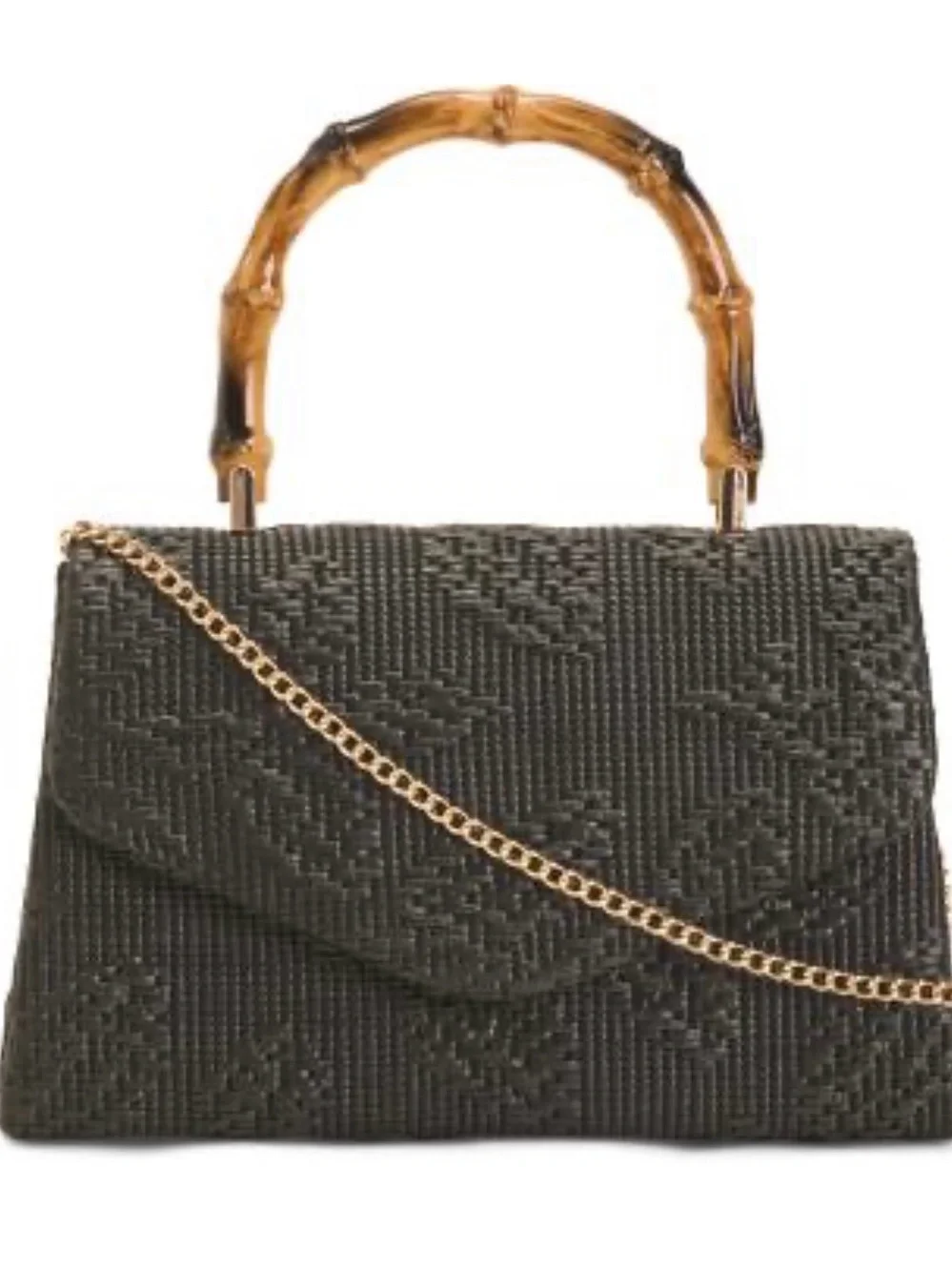 Woven Black Satchel with Bamboo-Style Top Handle and Gold Chain